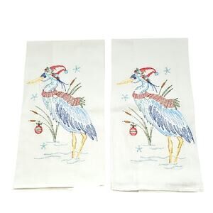 Coastal Holiday Set of Two Flour Sack Embroidered Heron Tea Towels (NWT)